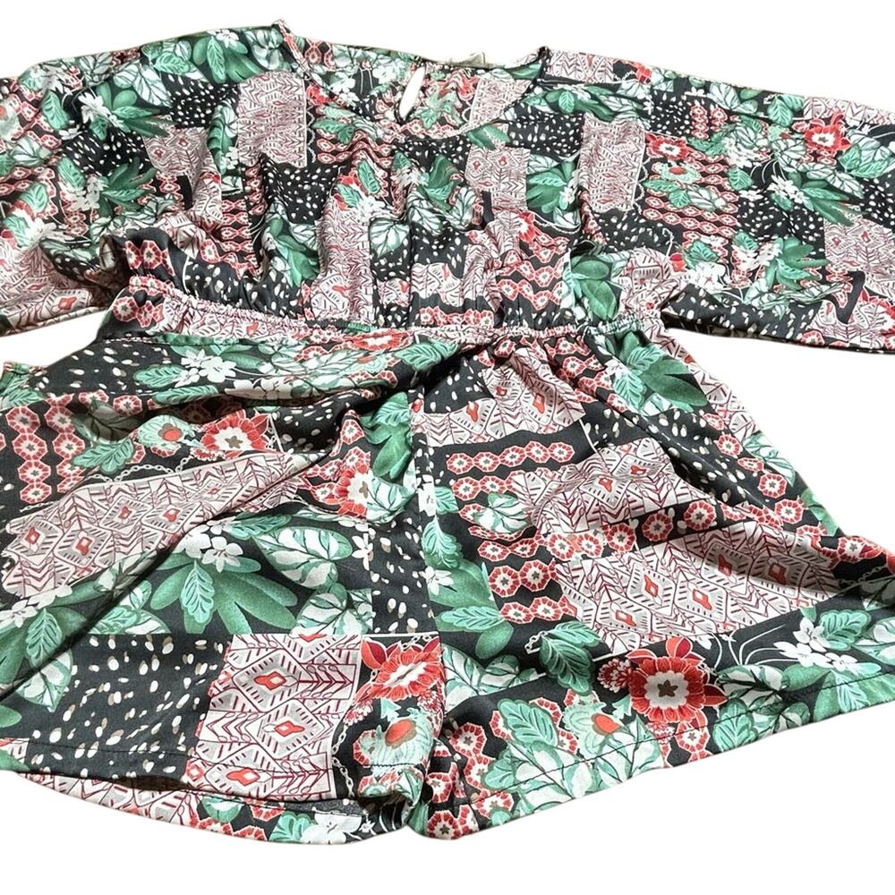 Eesome Multicolor Patchwork Skort Romper with quarter length puffy sleeves